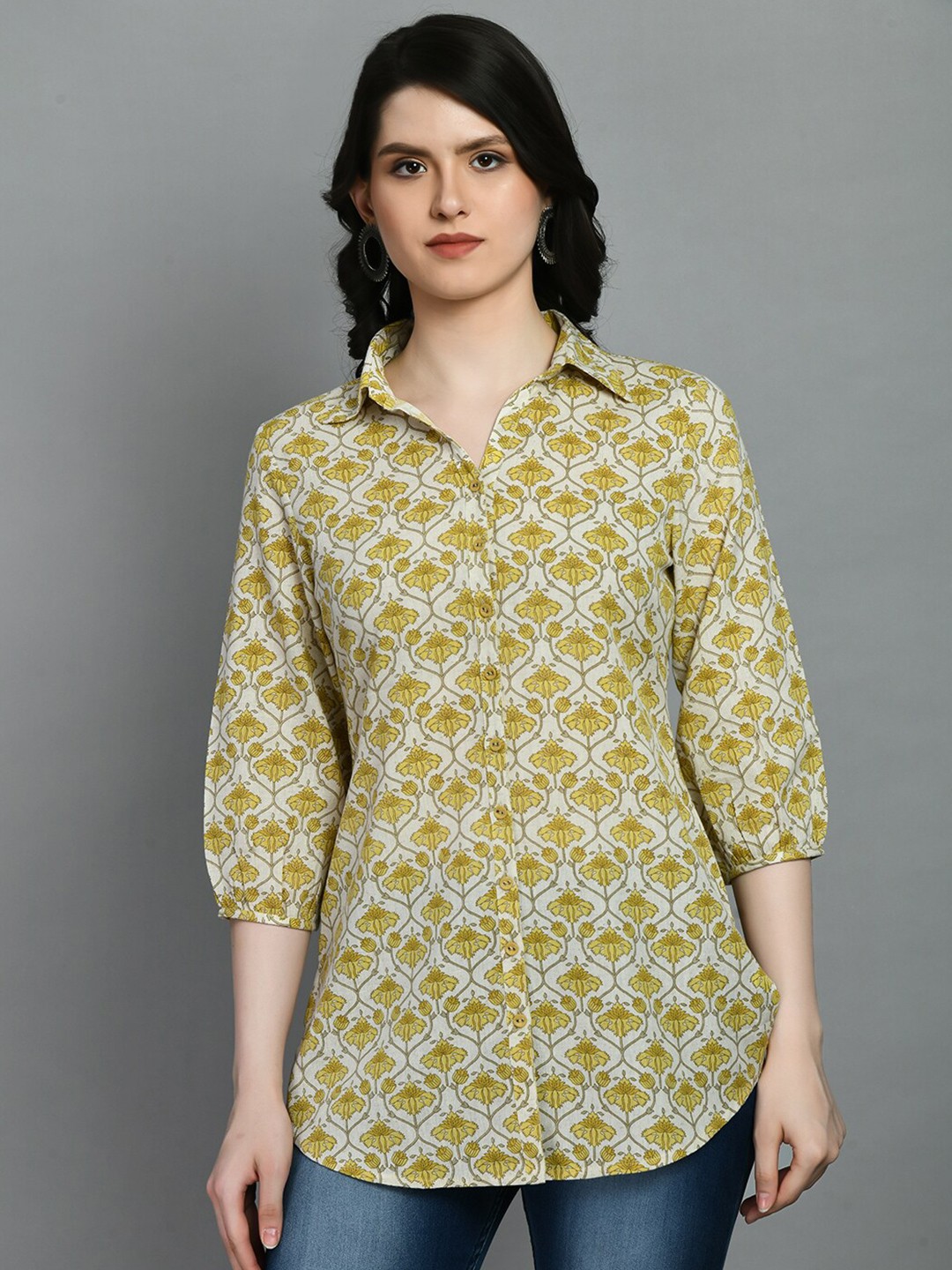 

MEESAN Shirt Collar Printed Cotton Tunic, Yellow