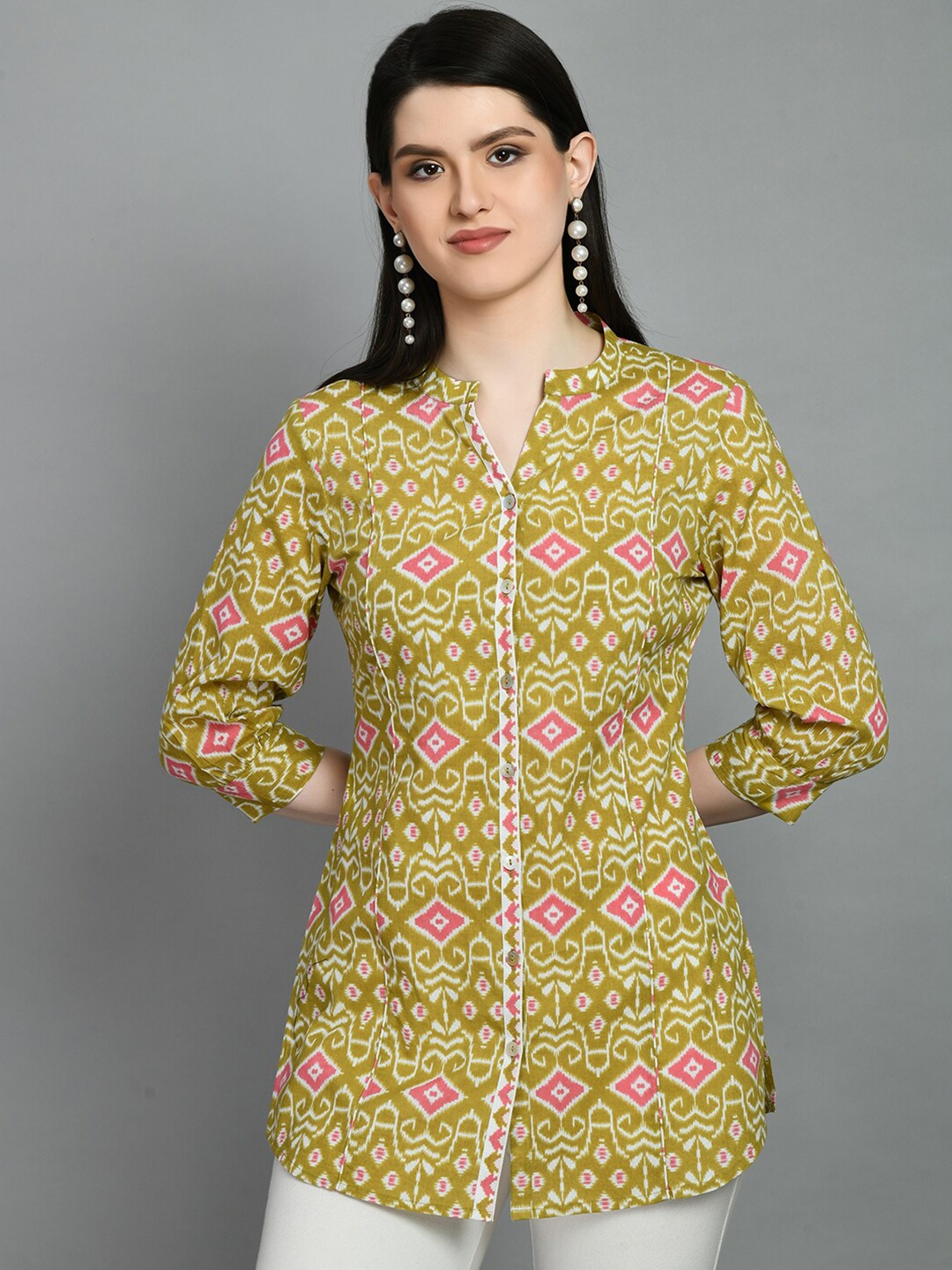 MEESAN Mandarin Collar Printed Cotton Kurti, Green
