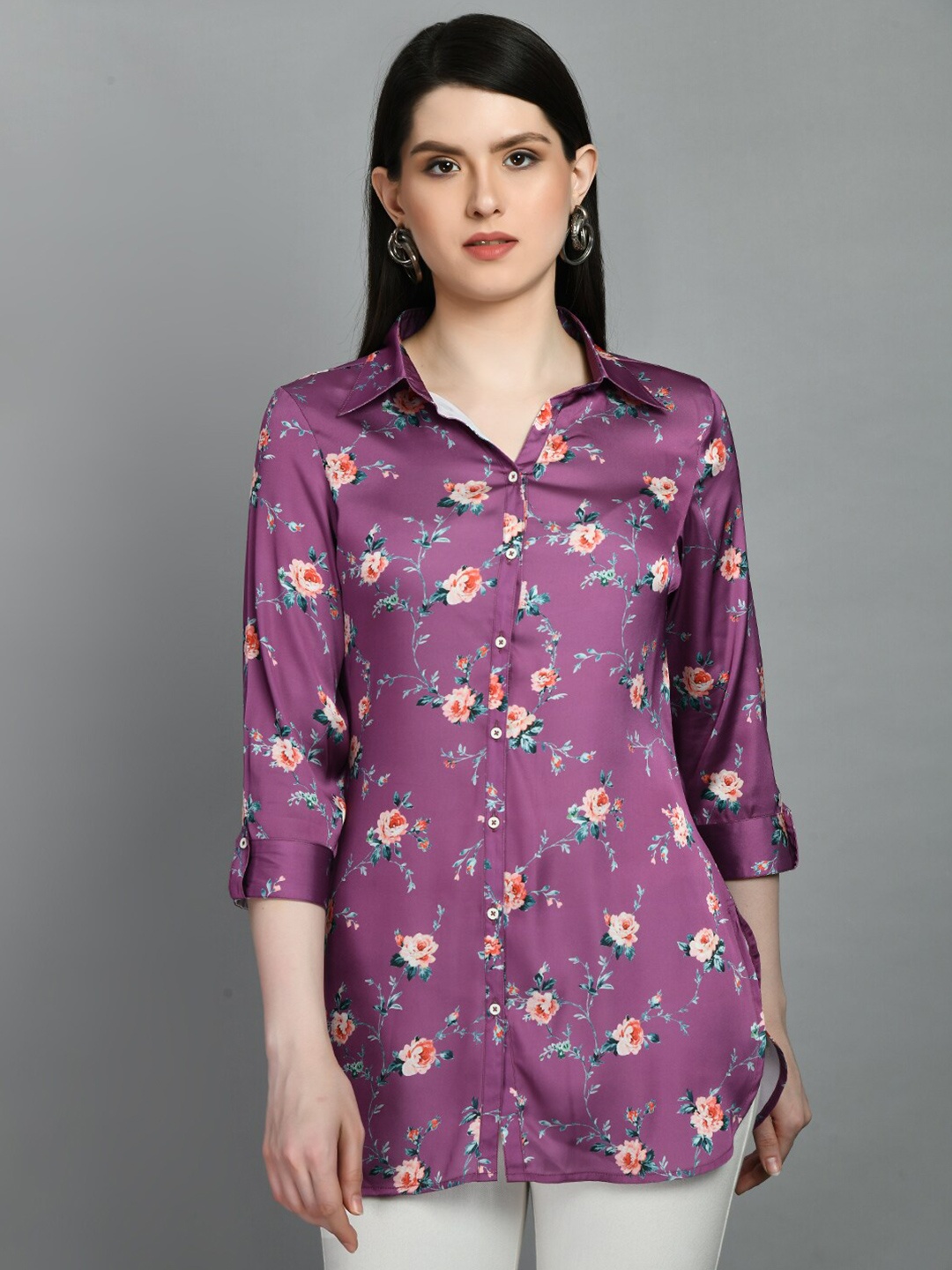 

MEESAN Shirt Collar Floral Printed Tunic, Purple
