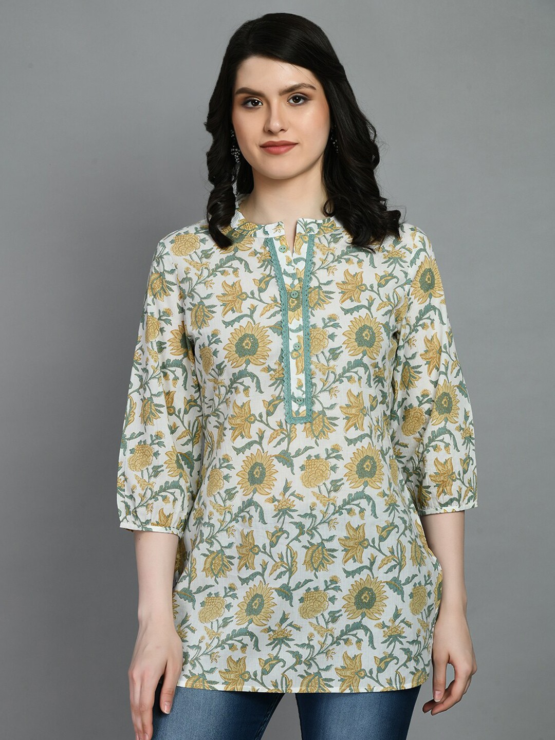 

MEESAN Mandarin Collar Printed Floral Cotton Kurti, White