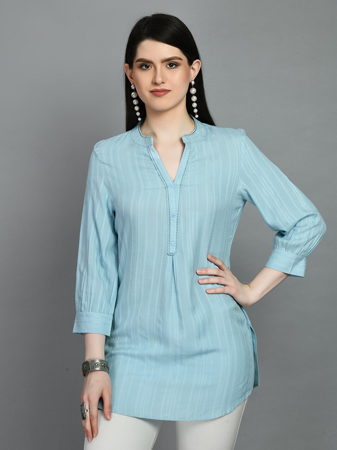 

MEESAN Mandarin Collar Striped Kurti, Blue