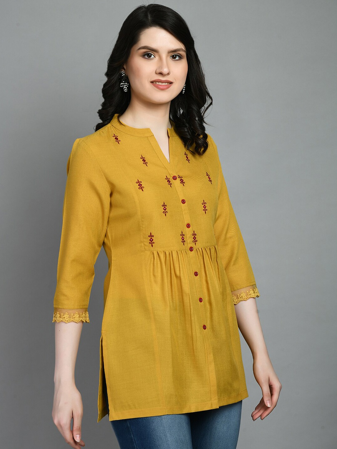 MEESAN Mandarin Collar Embroidered Cotton Kurti, Mustard