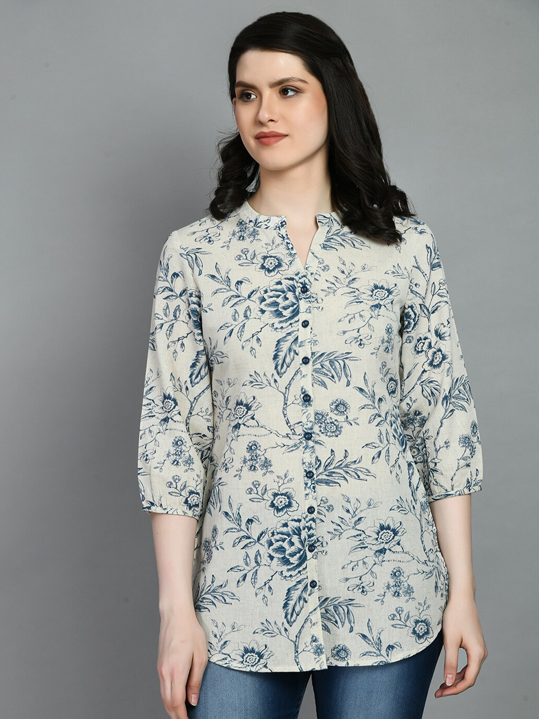 

MEESAN Floral Printed Mandarin Collar Kurti, Beige