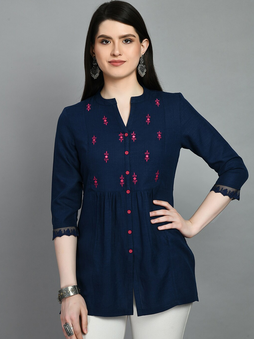 

MEESAN Mandarin Collar Embroidered Cotton Kurti, Navy blue