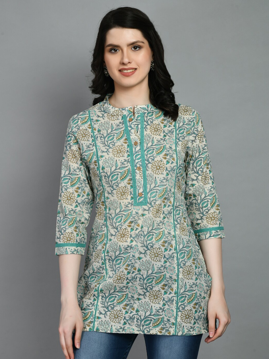 

MEESAN Mandarin Collar Printed Cotton Kurti, Green
