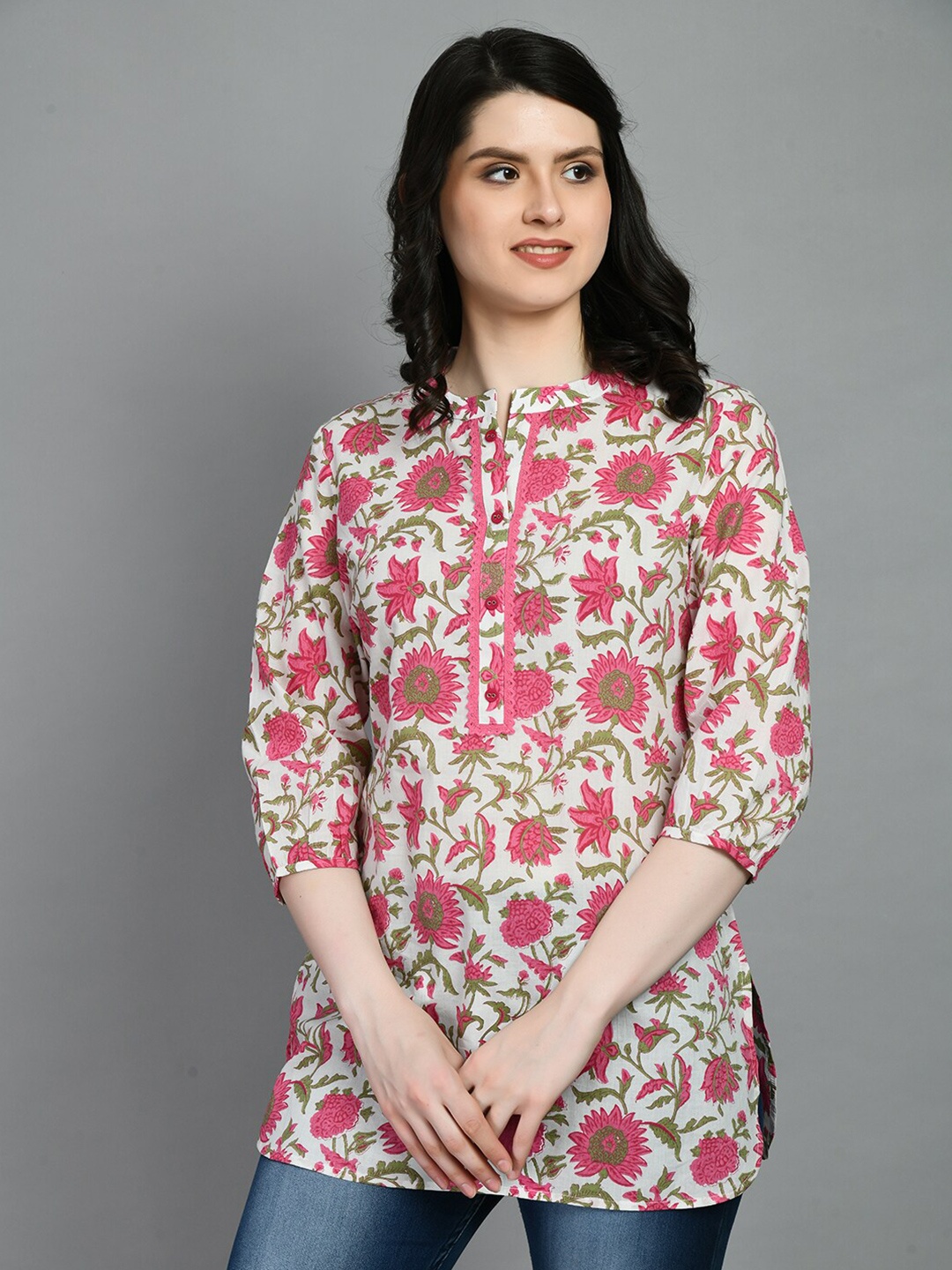 

MEESAN Mandarin Collar Printed Cotton Kurti, Pink