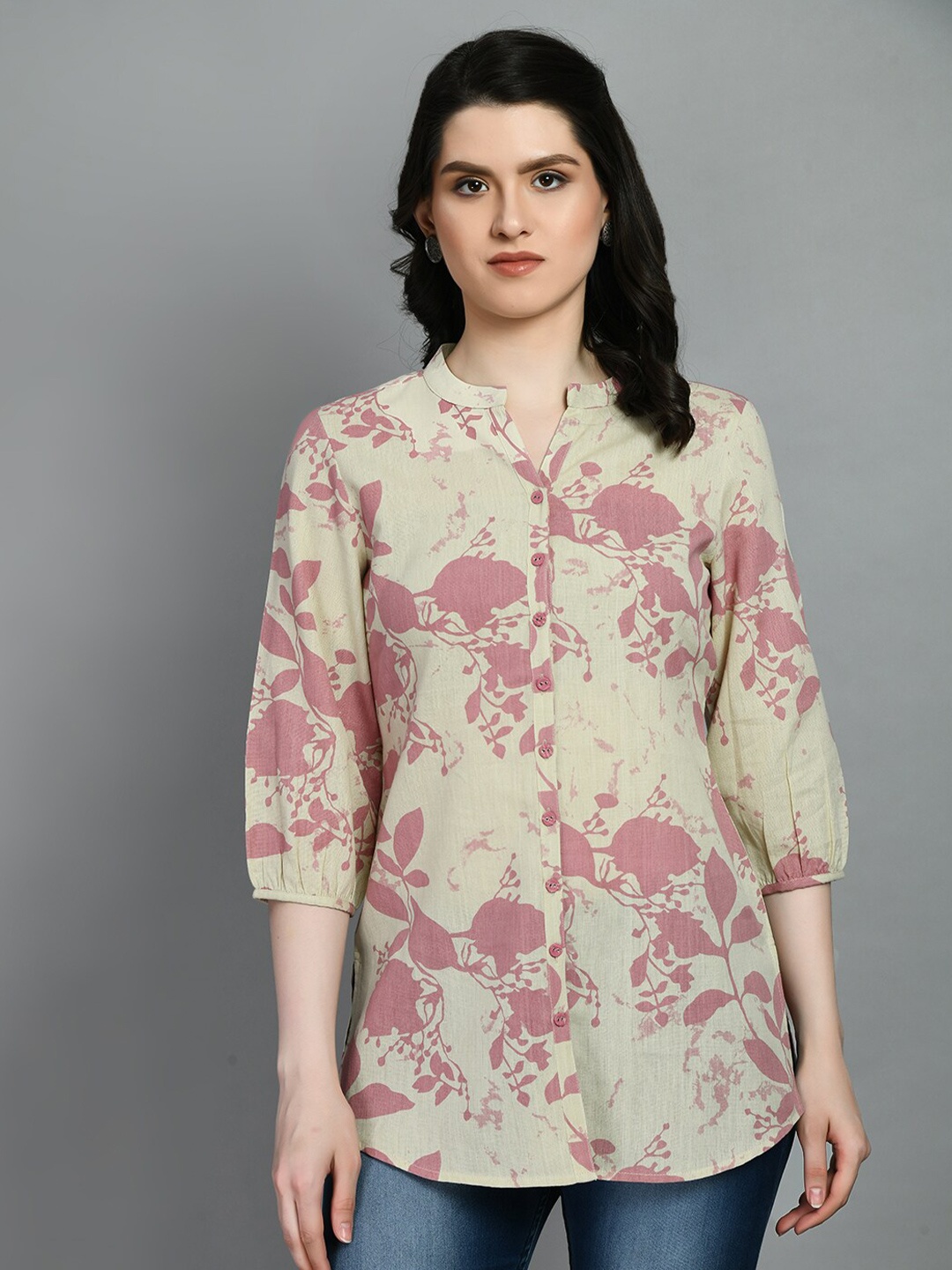 

MEESAN Mandarin Collar Printed Tunic, Pink