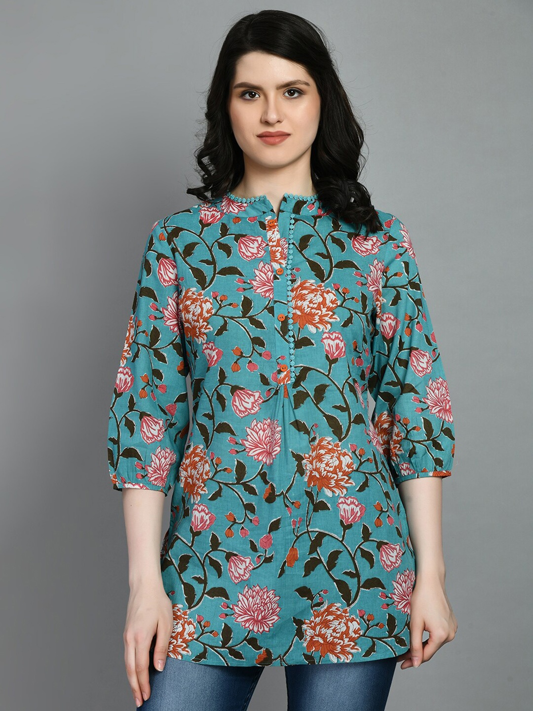

MEESAN Mandarin Collar Printed Cotton Tunic, Blue
