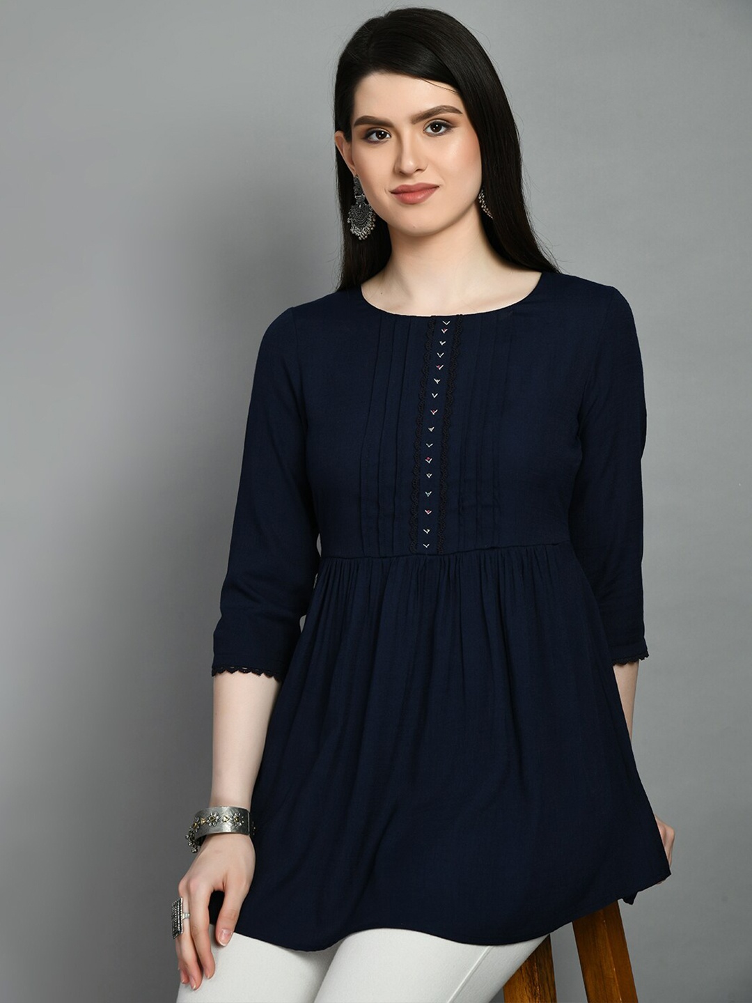MEESAN Embroidered Gathers Tunic, Navy blue