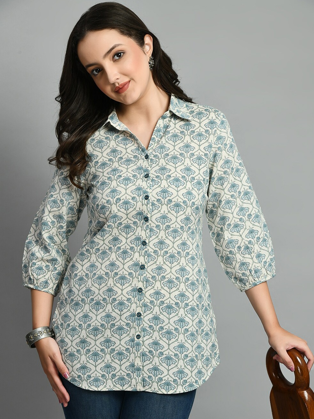 

MEESAN Shirt Collar Ethnic Cotton Printed Tunic, Blue