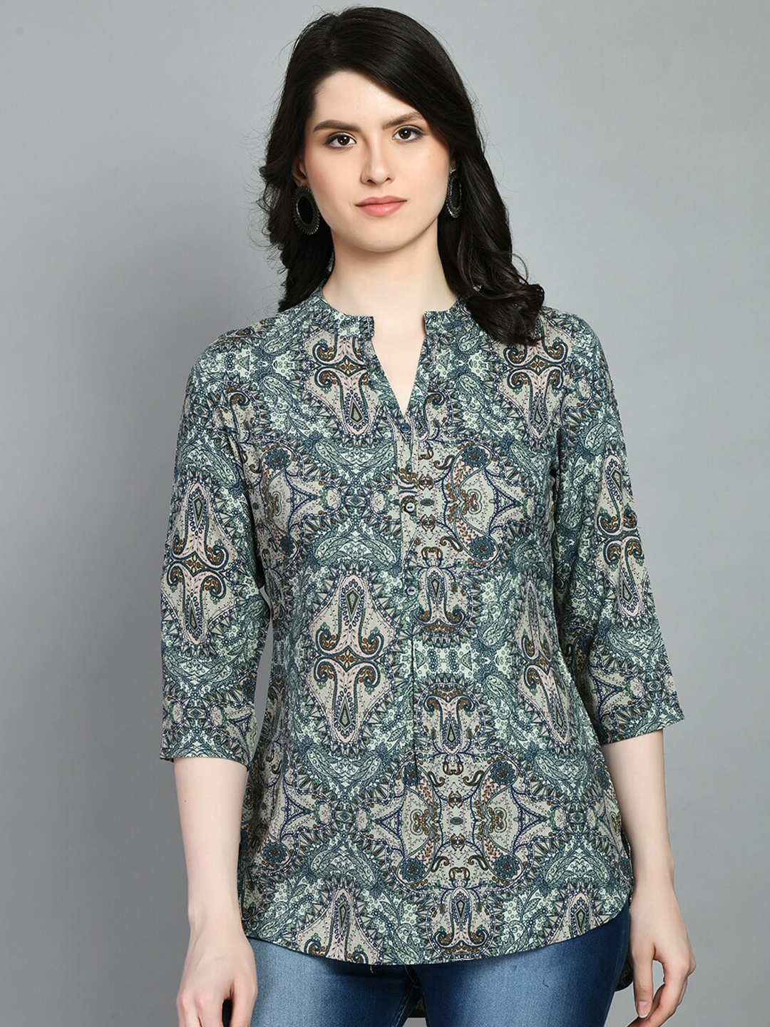 

MEESAN Mandarin Collar Printed Kurti, Green