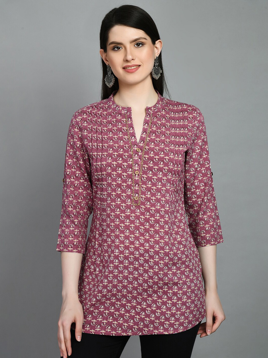 

MEESAN Mandarin Collar Printed Tunic, Maroon