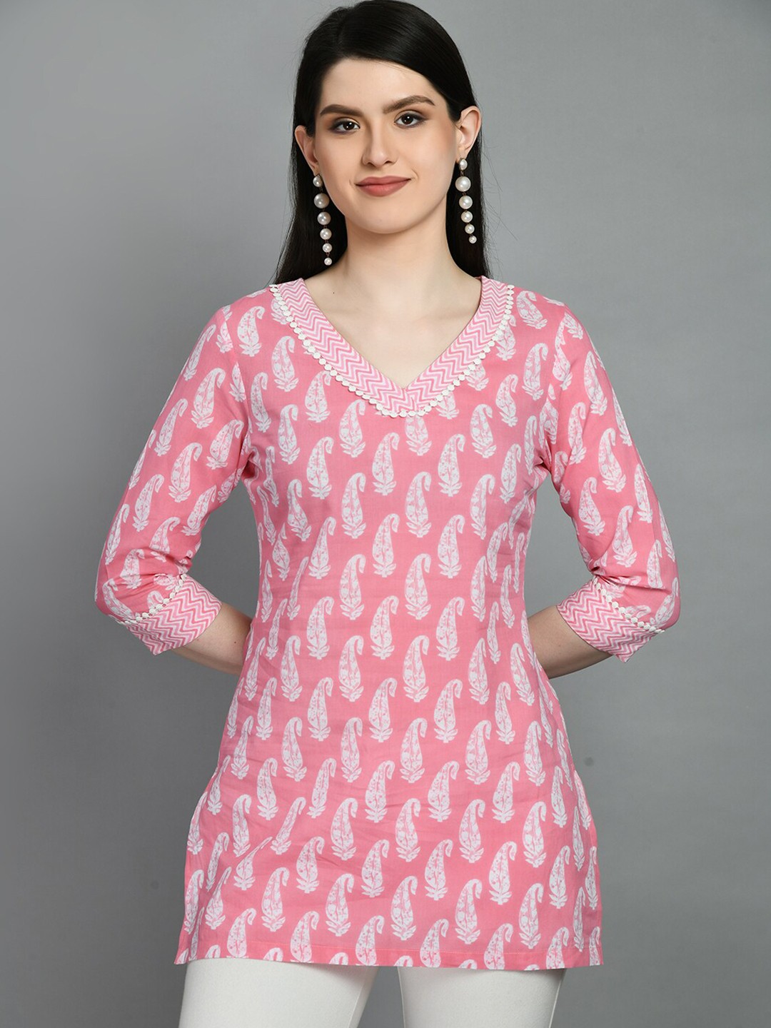 

MEESAN Paisley Printed Cotton Kurti, Pink