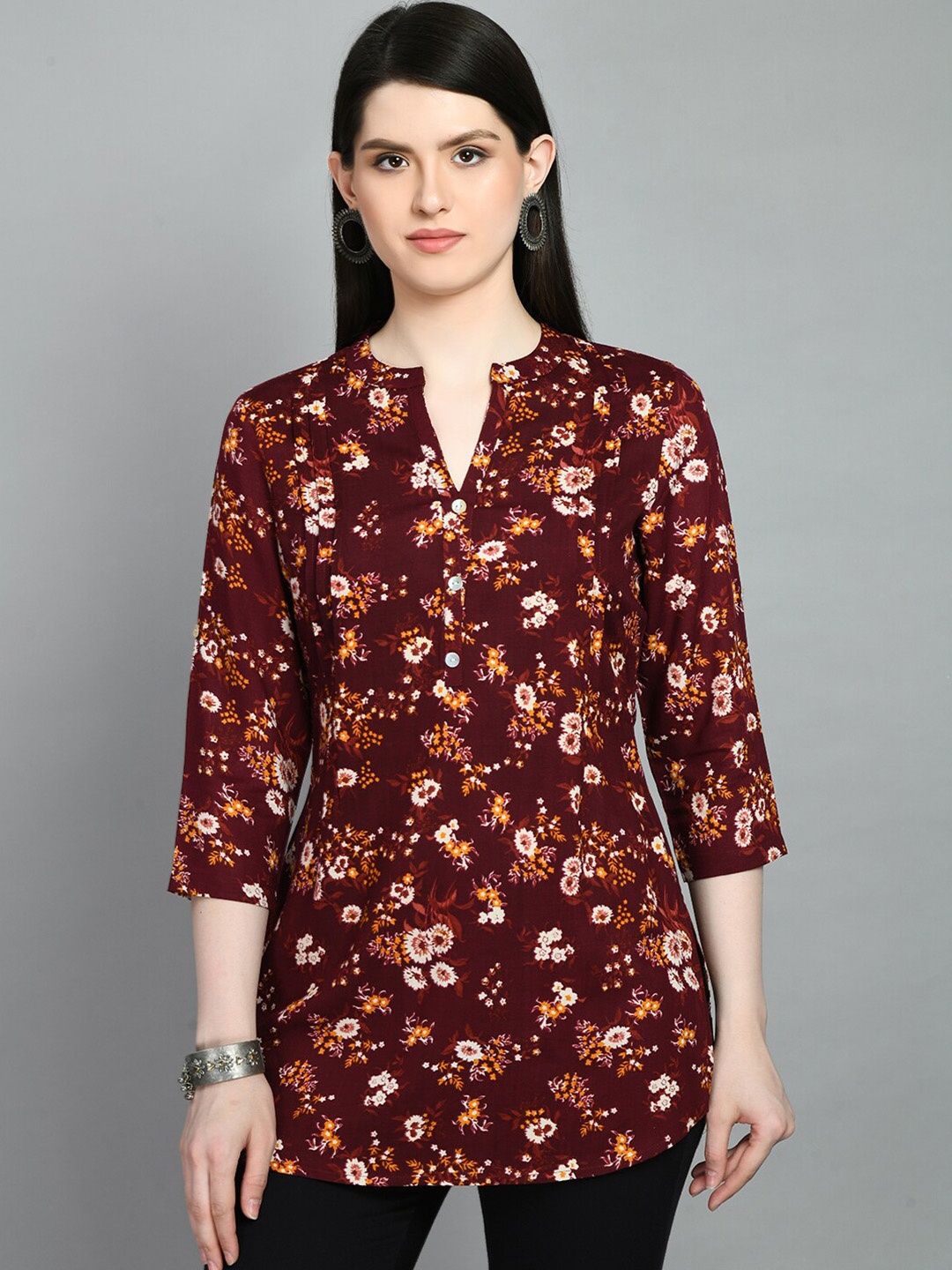 

MEESAN Mandarin Collar Floral Printed Kurti, Maroon