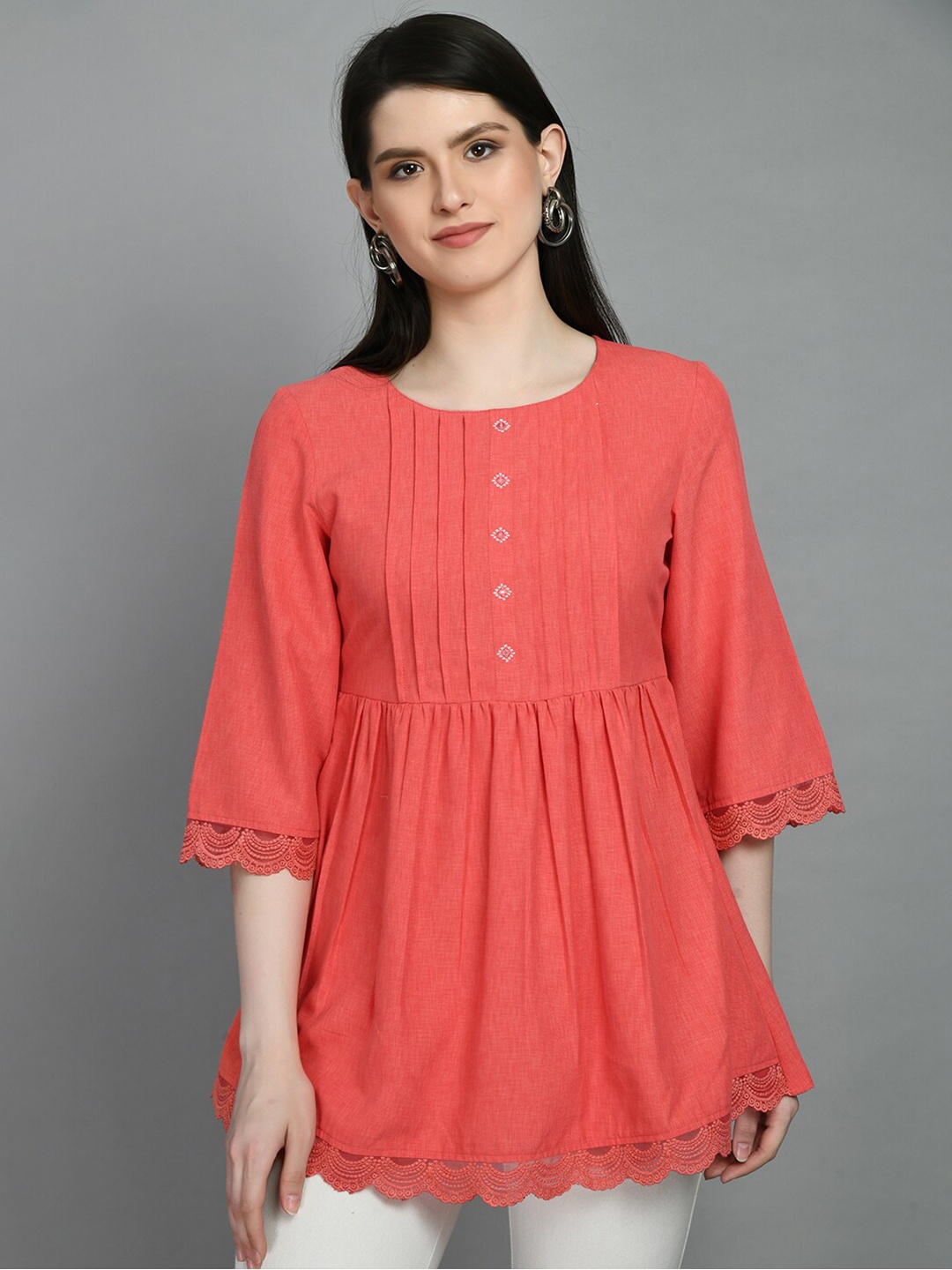 

MEESAN Embroidered Round Neck Tunic, Peach