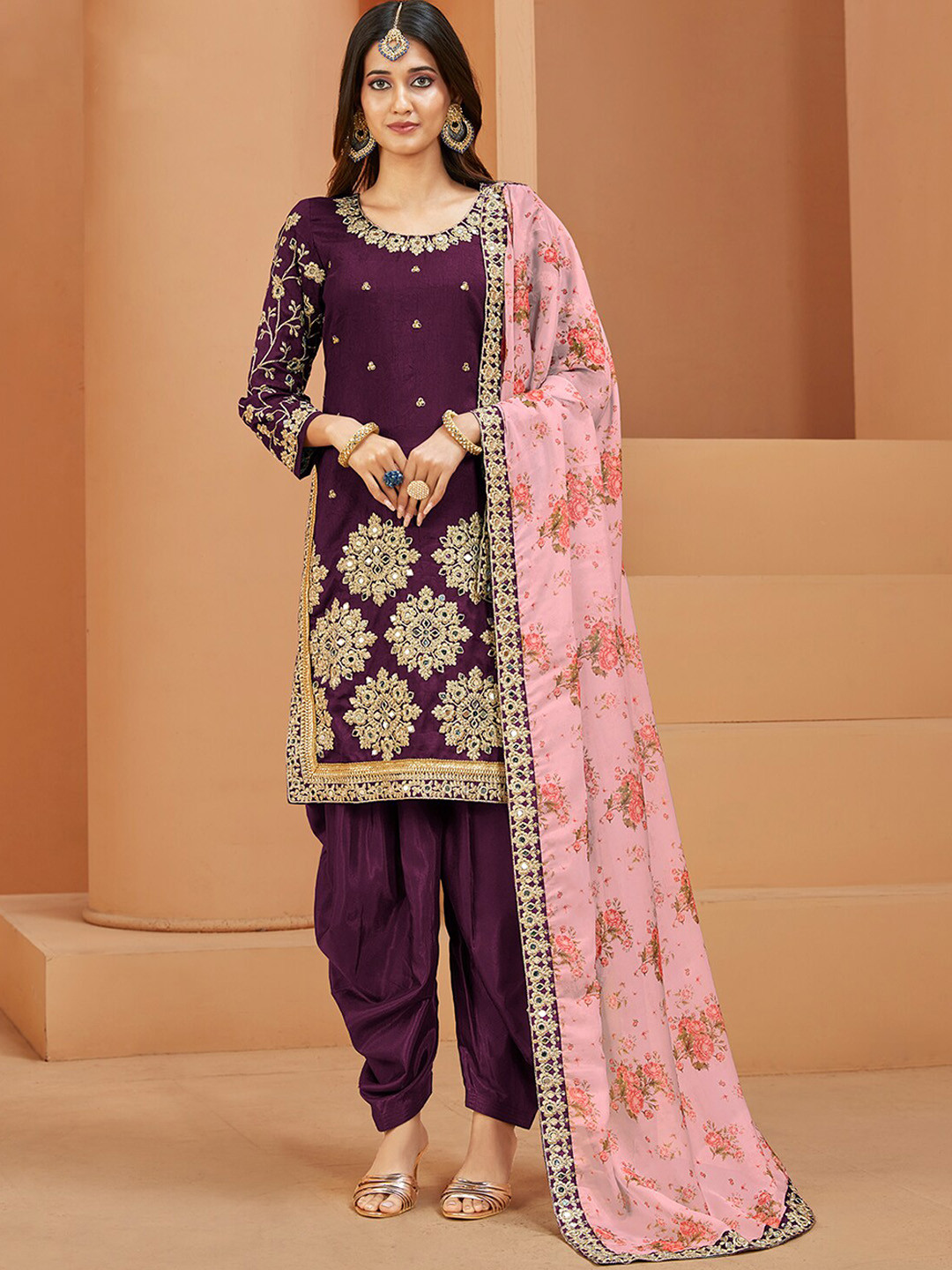 

ODETTE Floral Embroidered Mirror Work Semi Stitched Kurta With Patiala & Dupatta, Purple