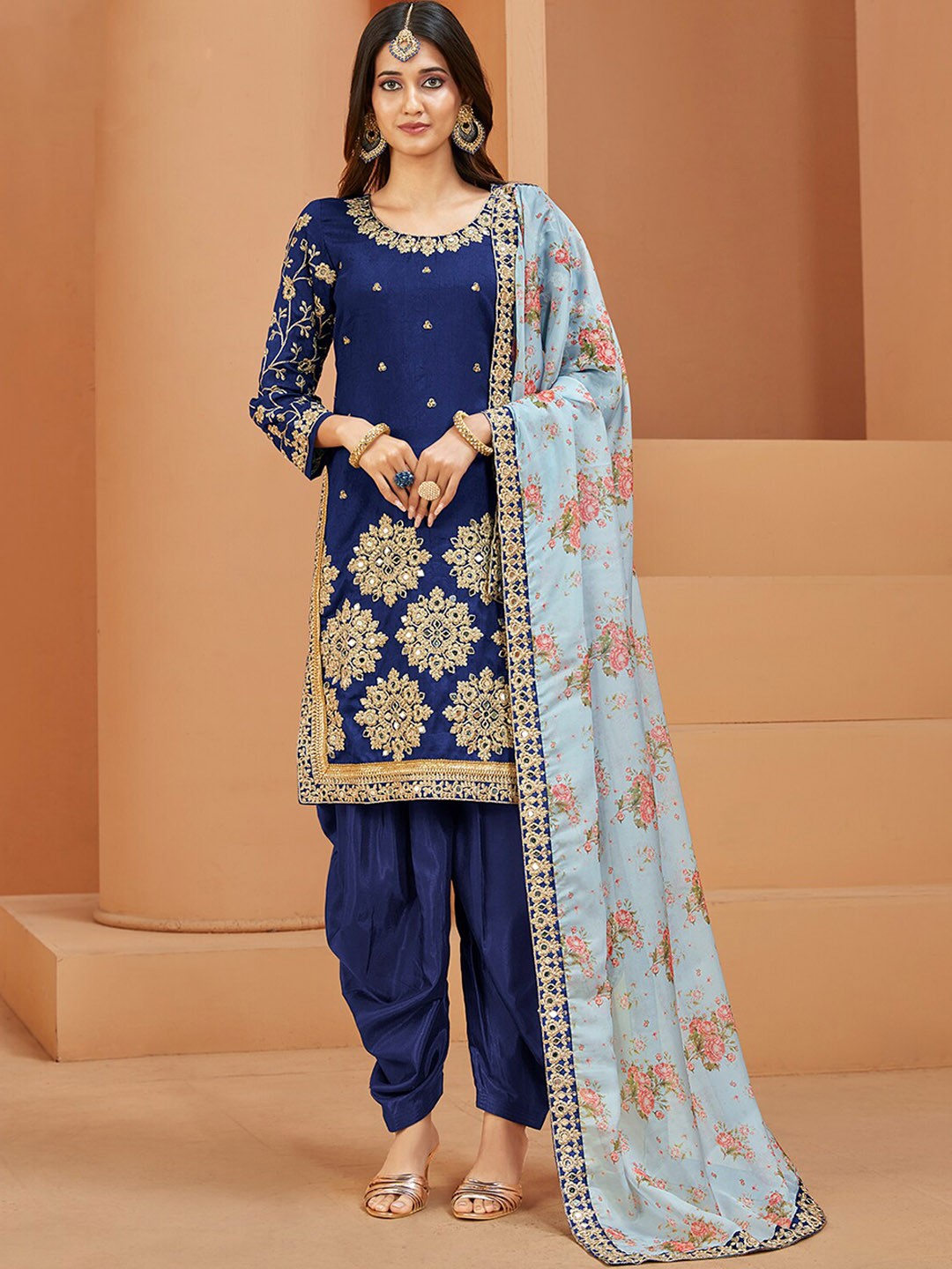 

ODETTE Floral Embroidered Mirror Work Semi Stitched Kurta With Patiala Salwar & Dupatta, Blue