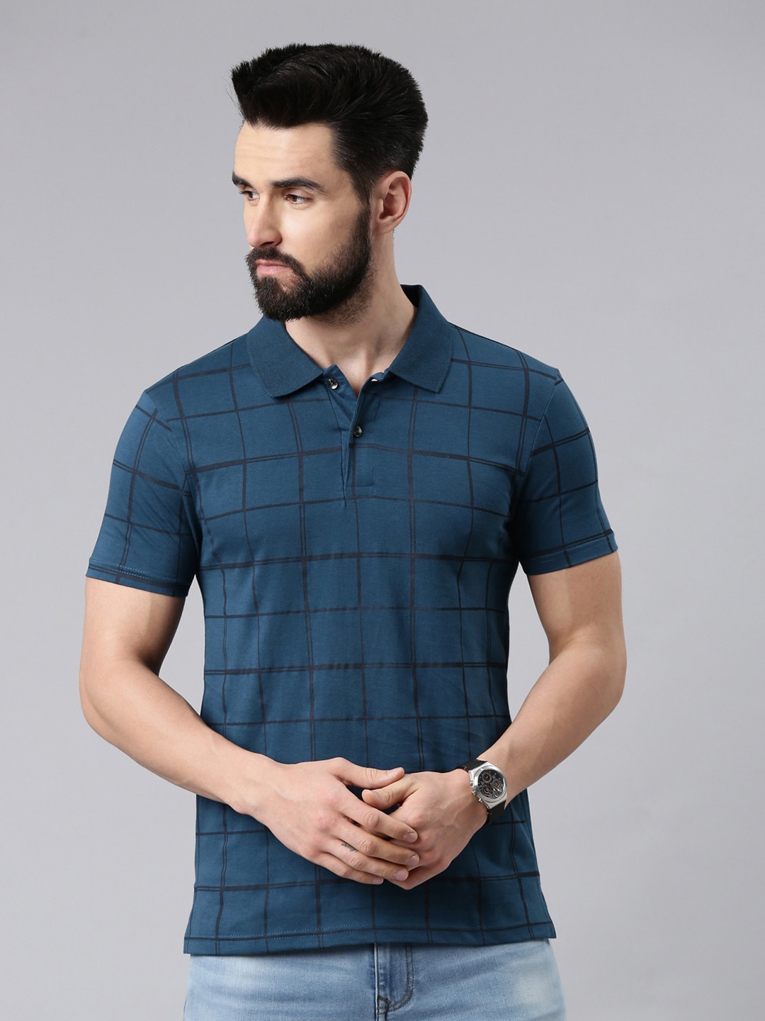 

Kryptic Checked Polo Collar Pure Cotton T-shirt, Teal