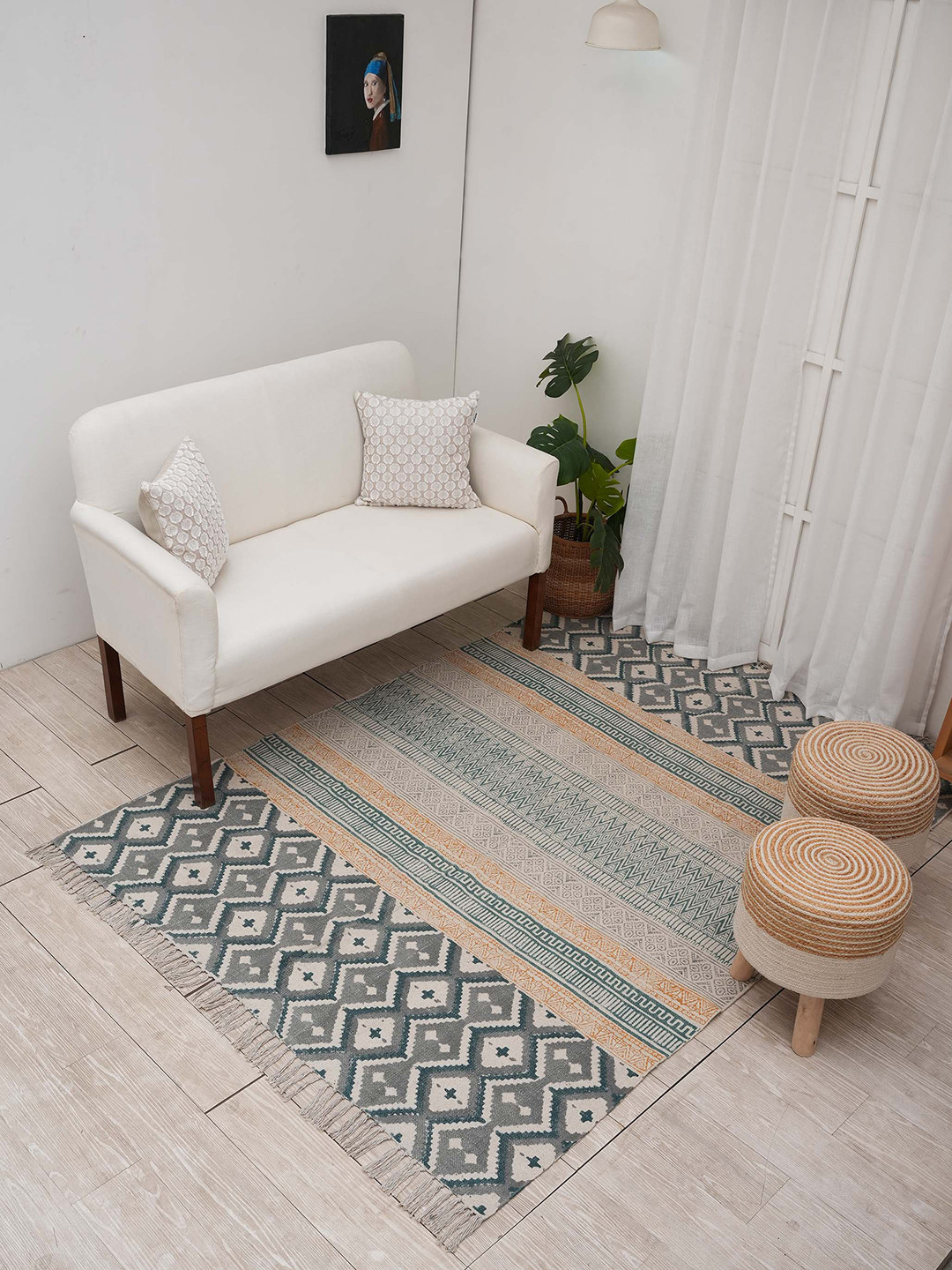 

Ariana Dari Grey & Beige Block Printed Pure Cotton Carpet