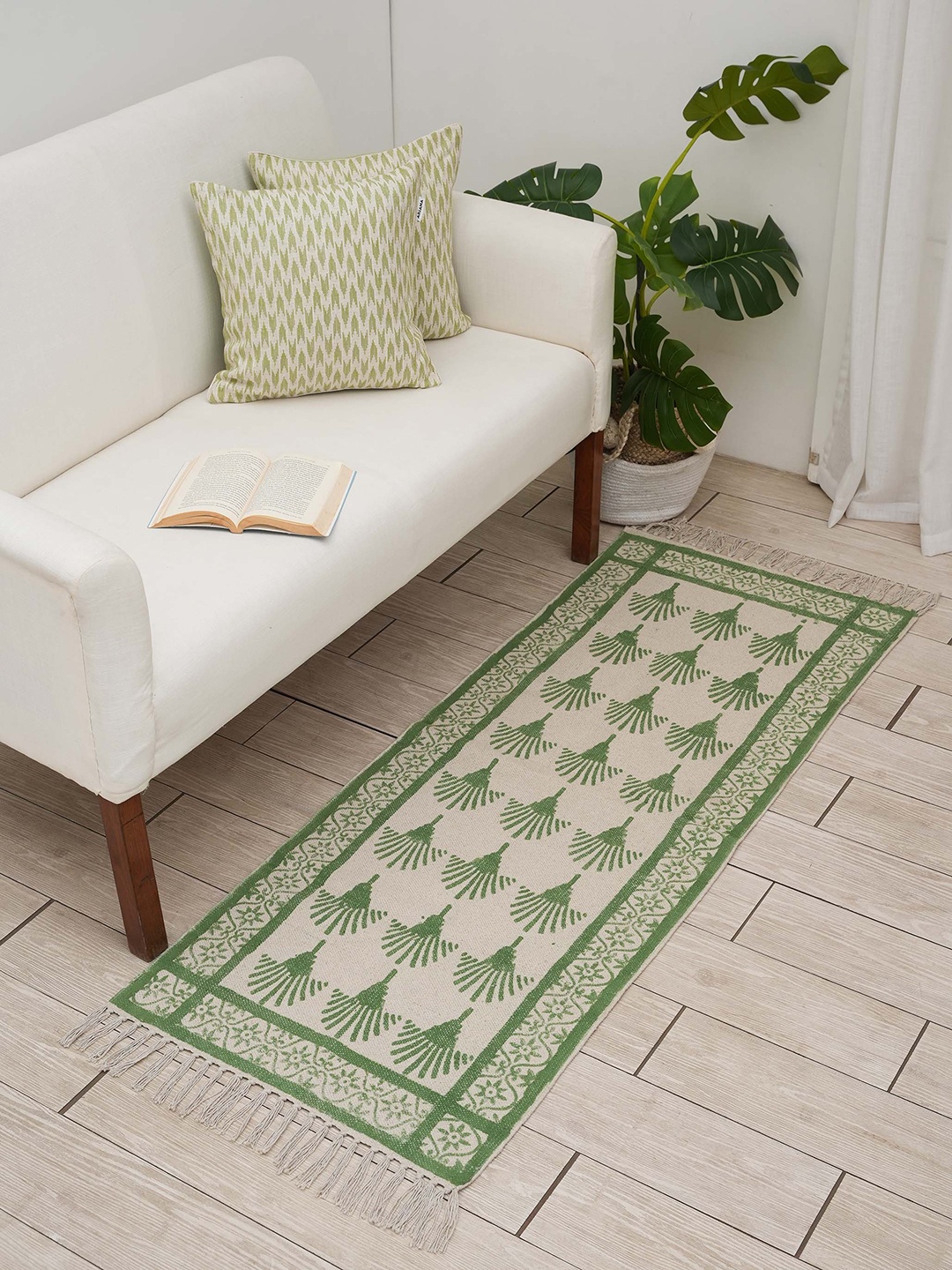 

Ariana Green & Beige Block Printed Pure Cotton Carpet