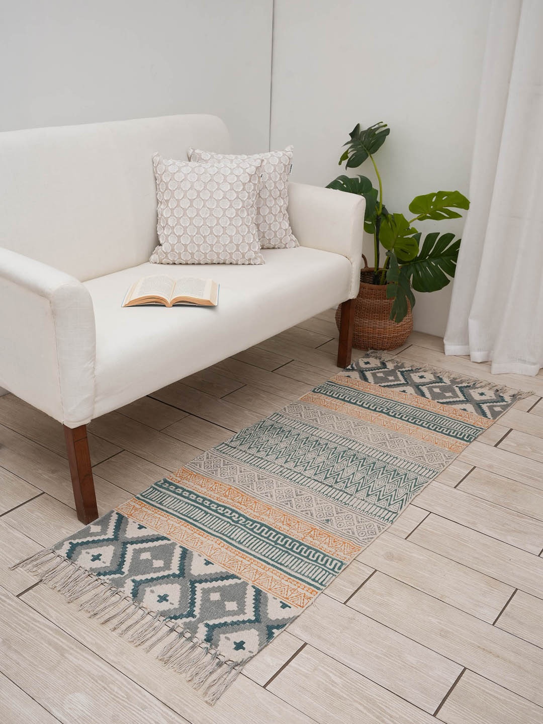 

Ariana Dari Grey & Beige Block Printed Pure Cotton Carpet