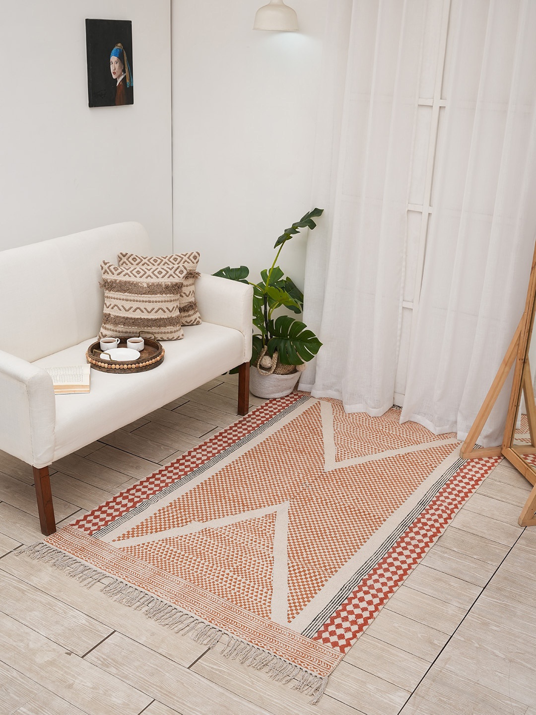 

Ariana Dari Peach-Colored & Beige Block Printed Pure Cotton Carpet