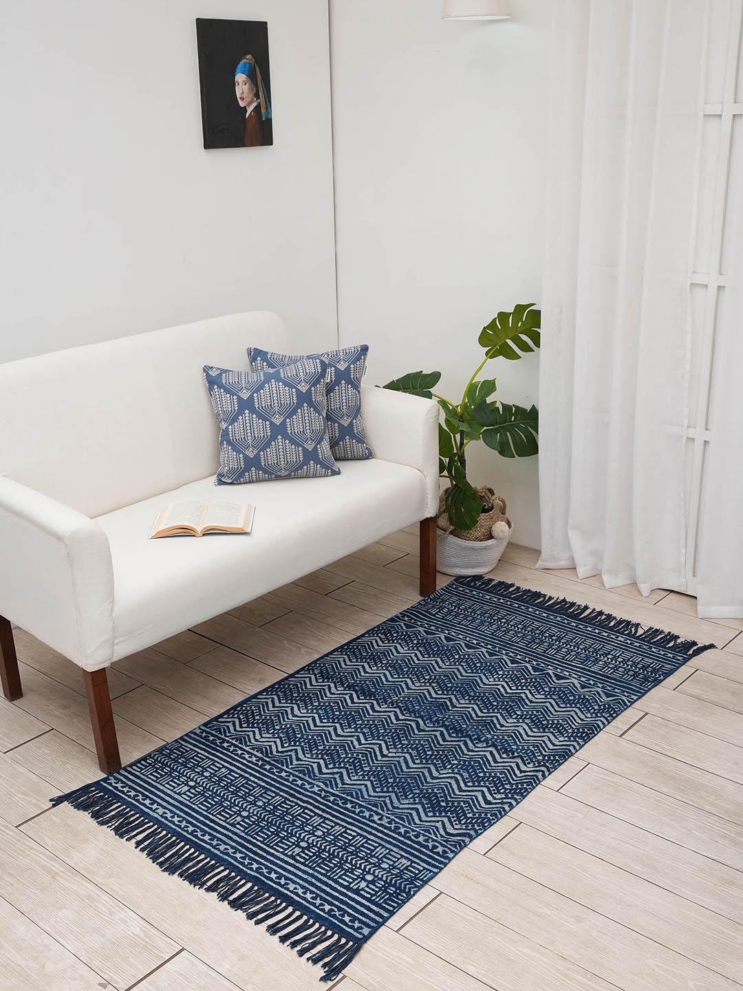 

Ariana Dari Navy Blue & White Block Printed Pure Cotton Carpet