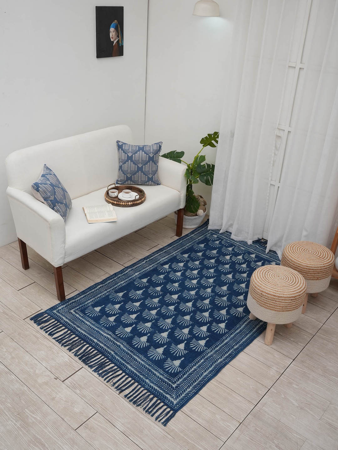 

Ariana Dari Navy Blue & Beige Block Printed Pure Cotton Carpet