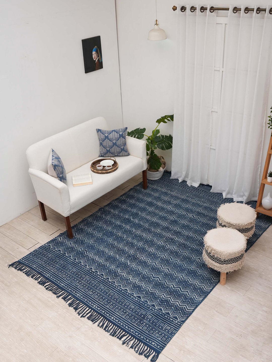 

Ariana Dari Navy Blue & White Block Printed Pure Cotton Carpet