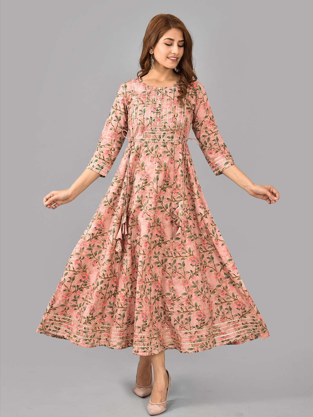 

KALINI Floral Printed Gotta Patti Fit & Flare Maxi Ethnic Dress, Peach