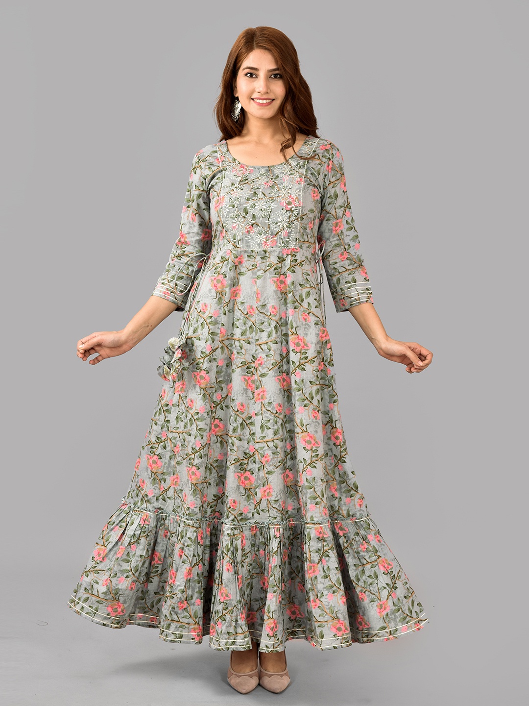 

KALINI Floral Printed Embroidered Fit & Flare Maxi Ethnic Dress, Grey