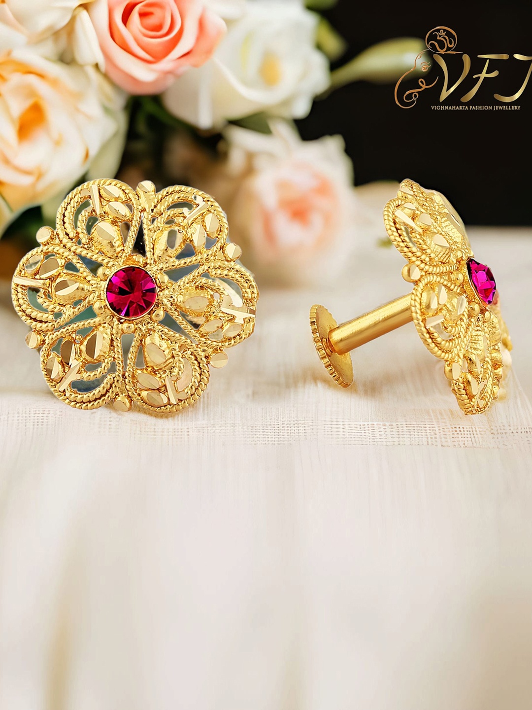 

Vighnaharta Gold-Plated Floral Jhumkas Earrings
