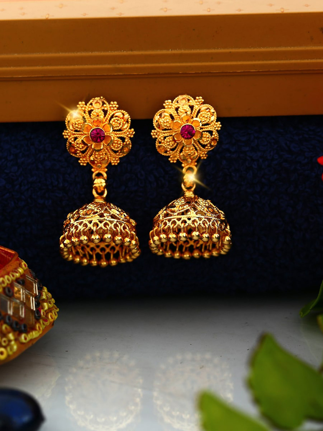 

Vighnaharta Gold-Plated Floral Jhumkas Earrings