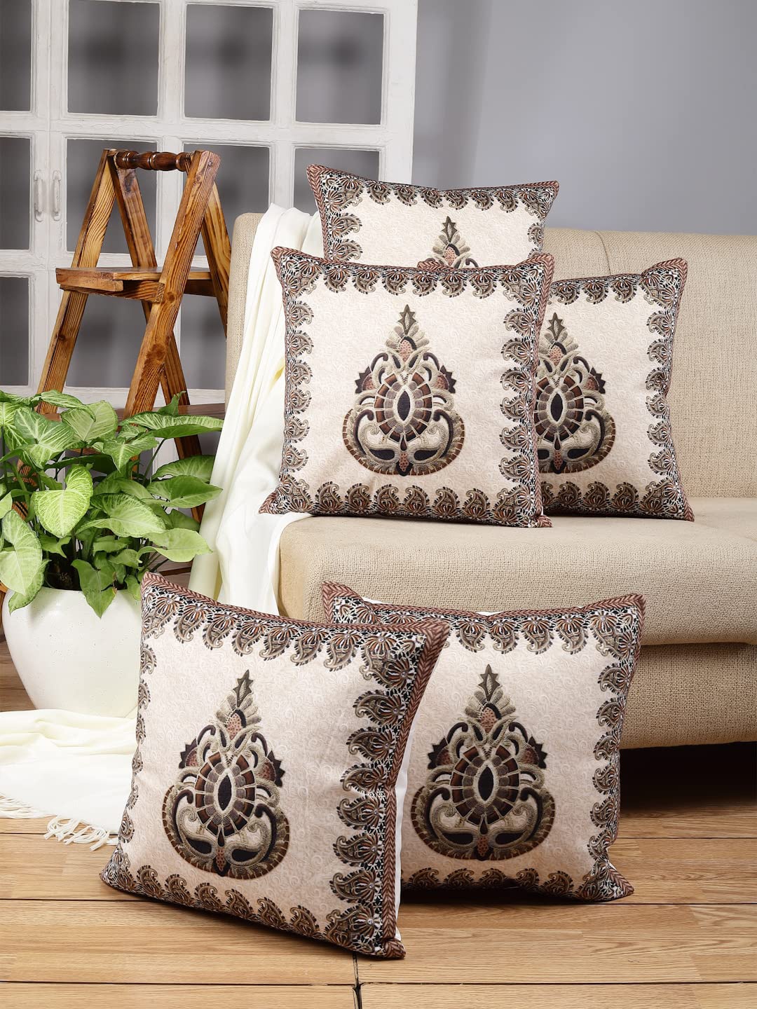 

Stylespace by Isha Beige & White 5-Pieces Embroidered Velvet Square Cushion Covers