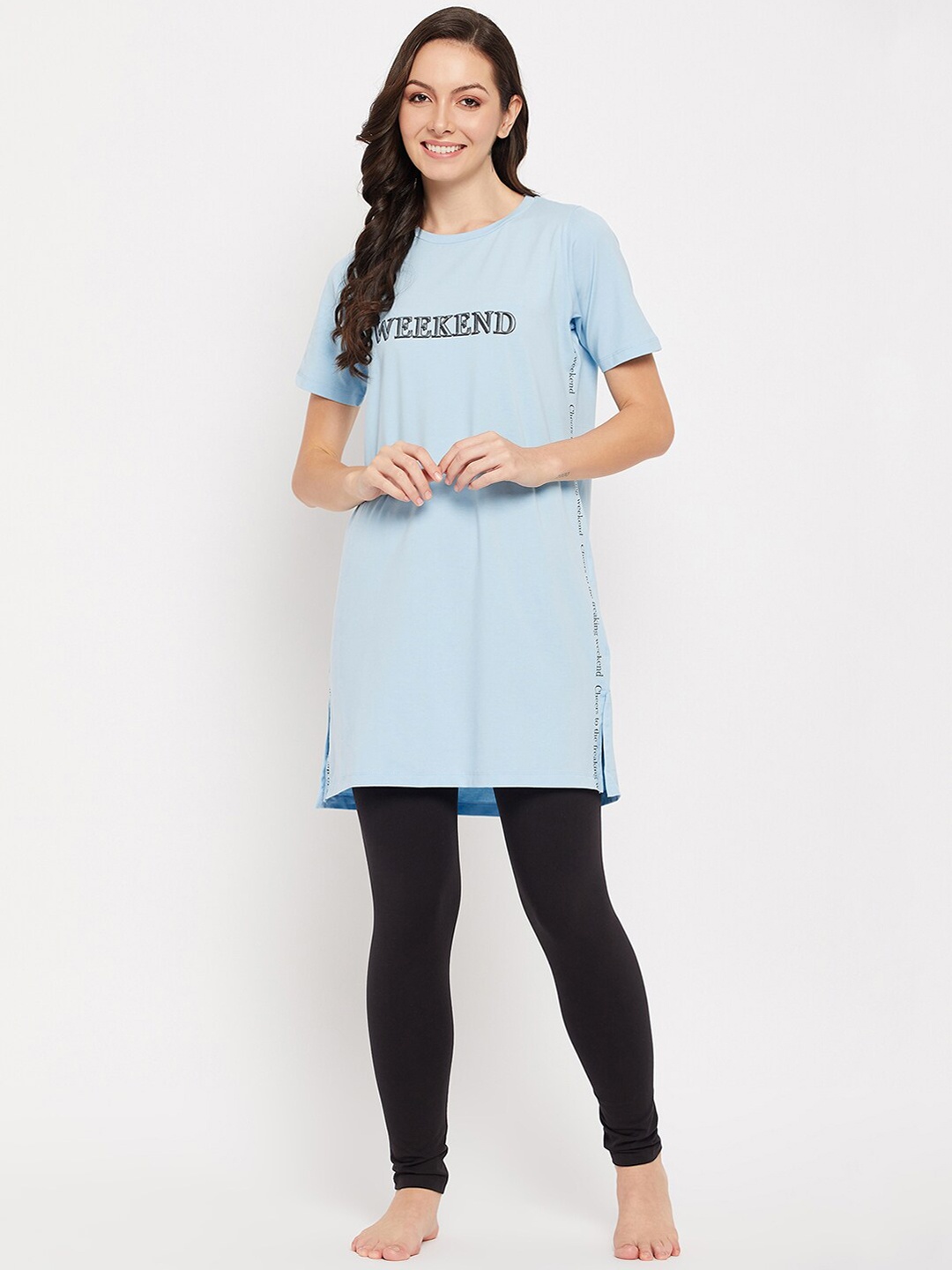 

MADAME M SECRET Typography Printed Night Suit, Blue