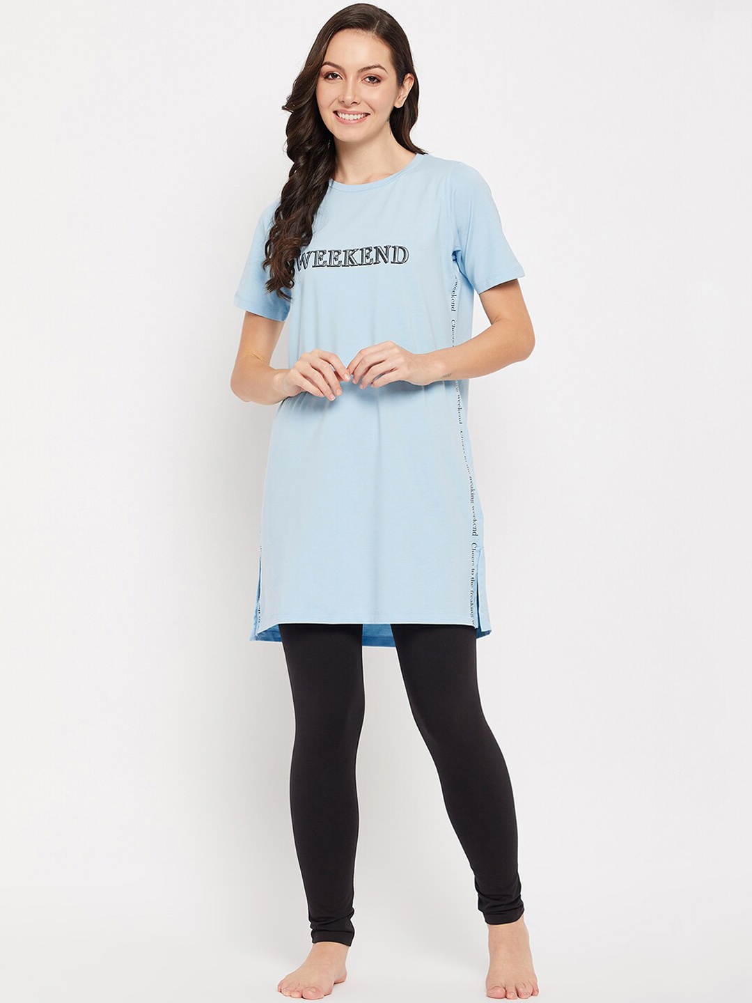 

MADAME M SECRET Typography Printed Night Suit, Blue