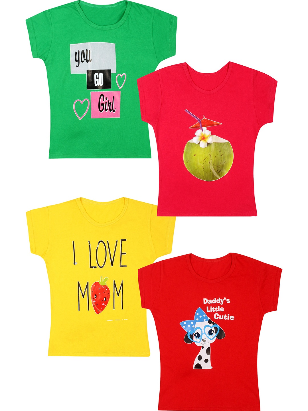 

CAREPLUS Girls Pack Of 4 Assorted Printed Cotton Tshirts