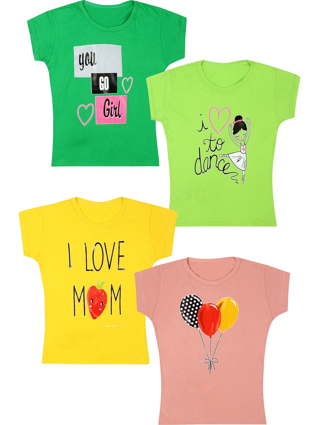 CAREPLUS Girls Pack Of 4 Assorted Printed Cotton Tshirts