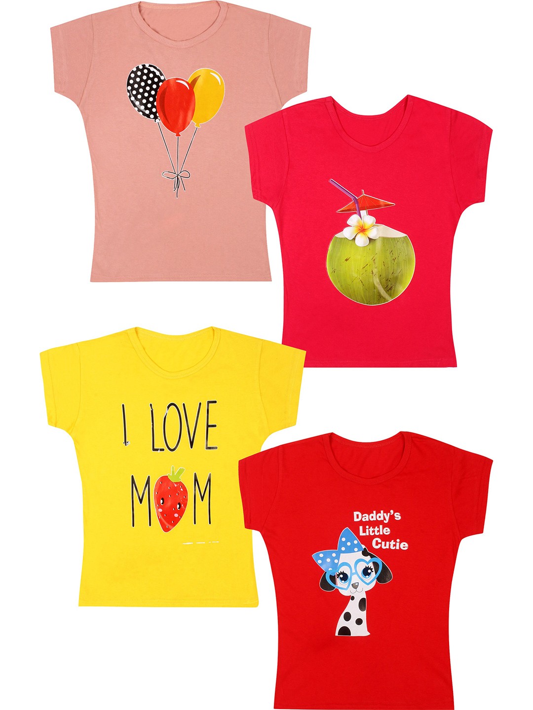 

CAREPLUS Girls Pack Of 4 Assorted Printed Cotton Tshirts