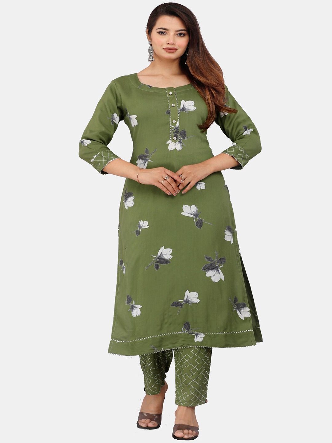 

KALINI Floral Printed Gotta Patti Kurta with Trousers, Olive