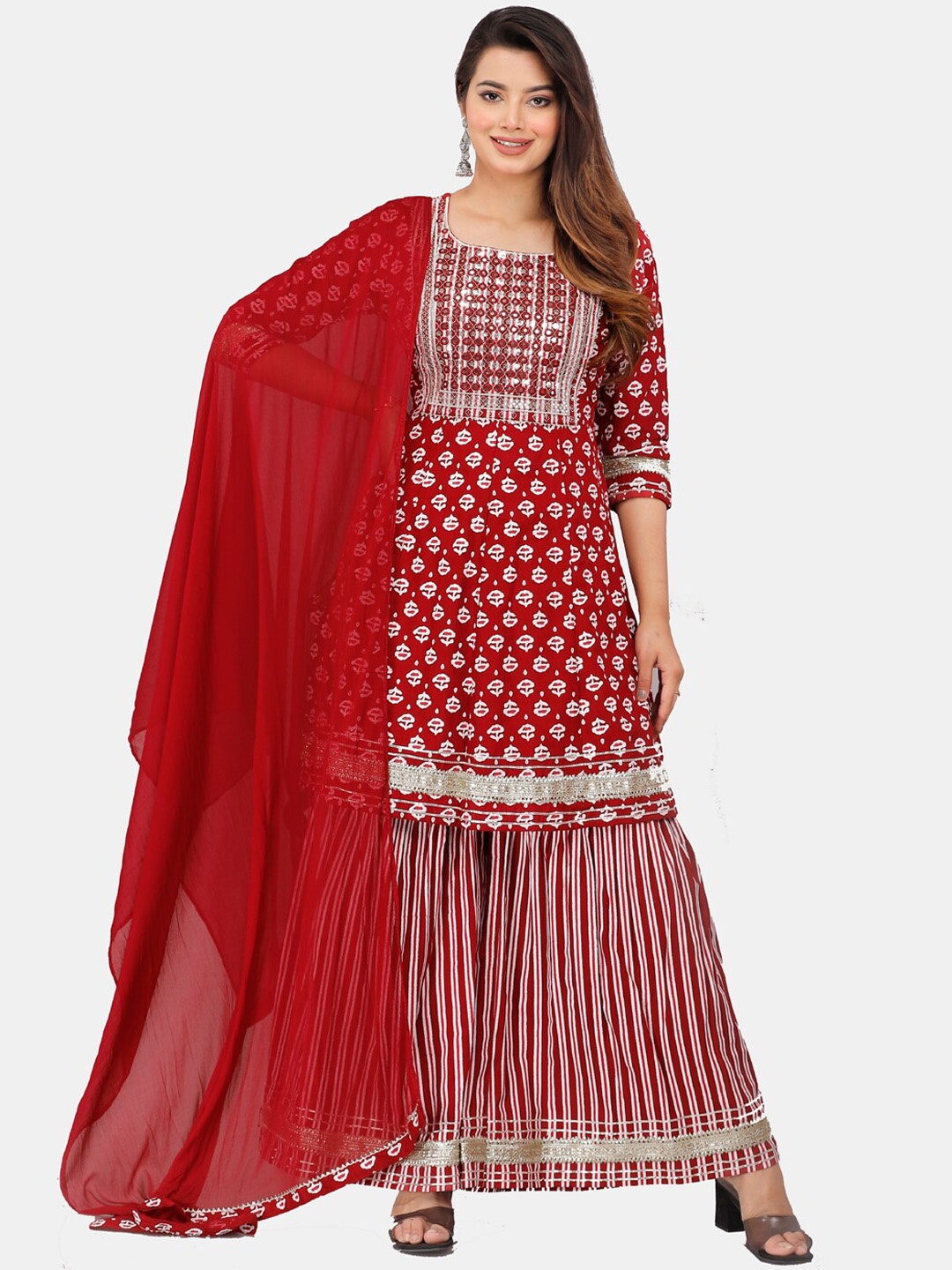 

KALINI Floral Printed Mirror Work Kurta with Sharara & Dupatta, Red