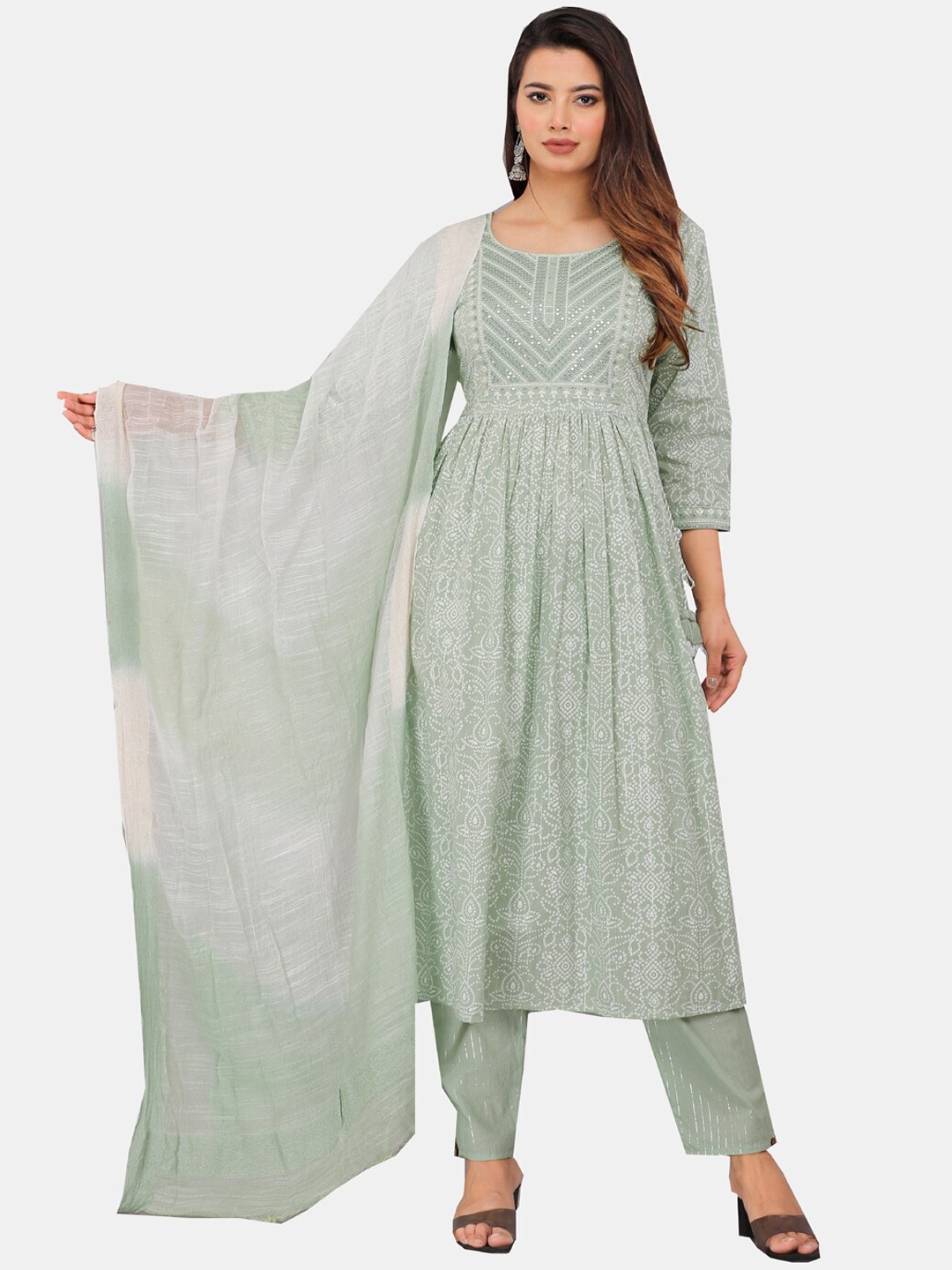 

KALINI Bandhani Printed Mirror Work Kurta with Trousers & Dupatta, Green
