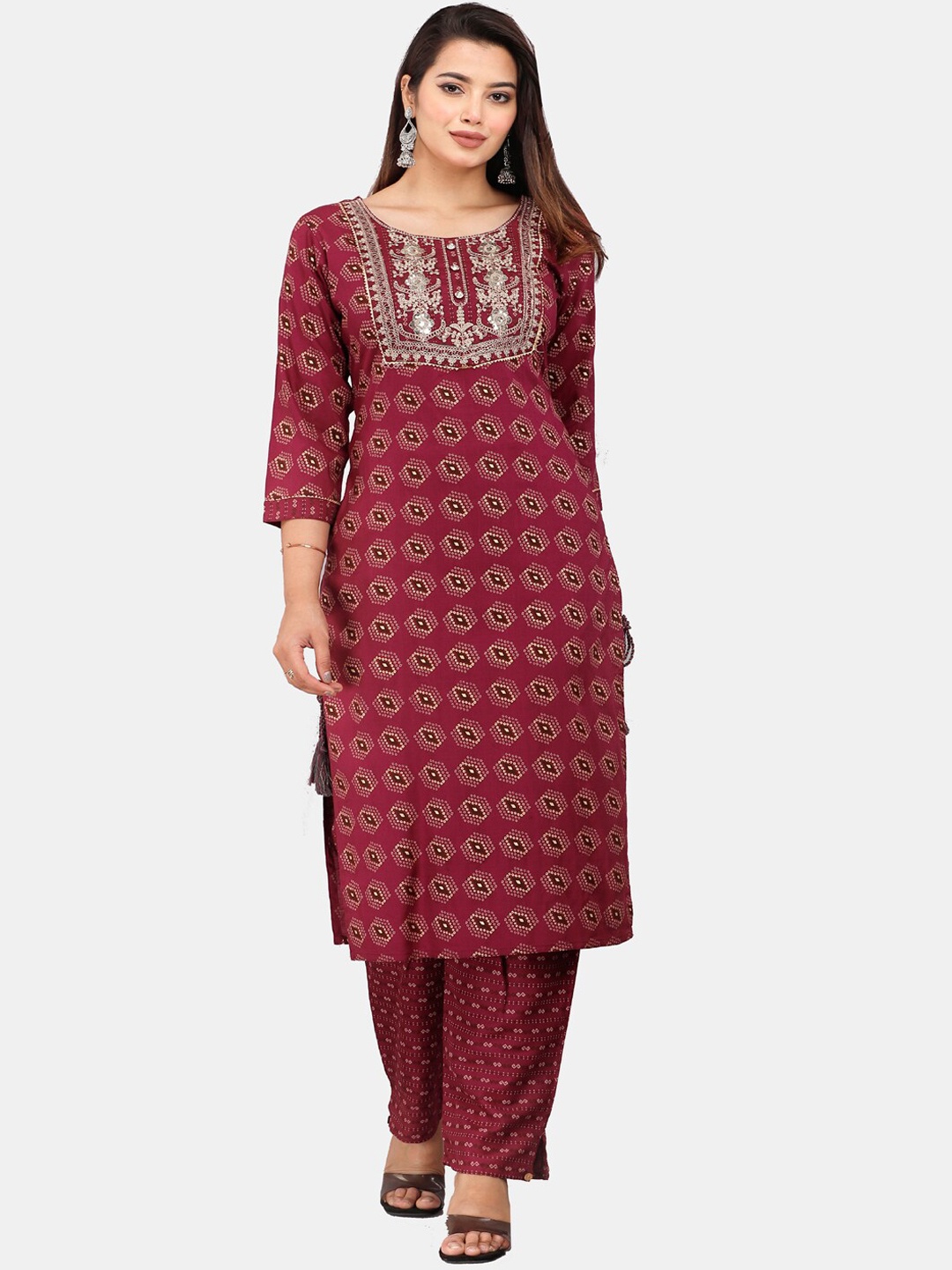 

KALINI Geometric Printed Sequined Kurta with Trousers & Dupatta, Maroon