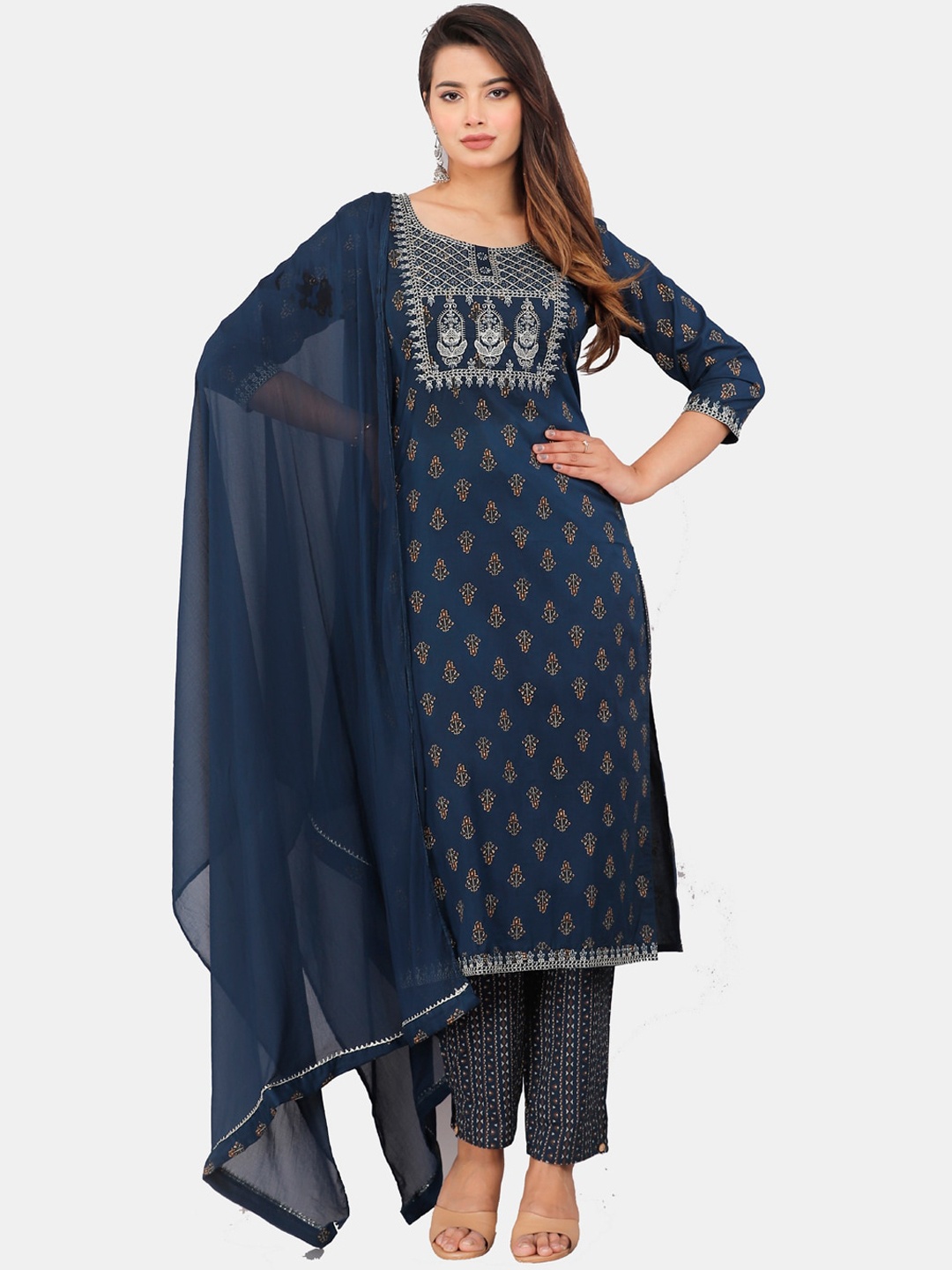 

KALINI Ethnic Motifs Printed Thread Work Kurta with Trousers & Dupatta, Blue