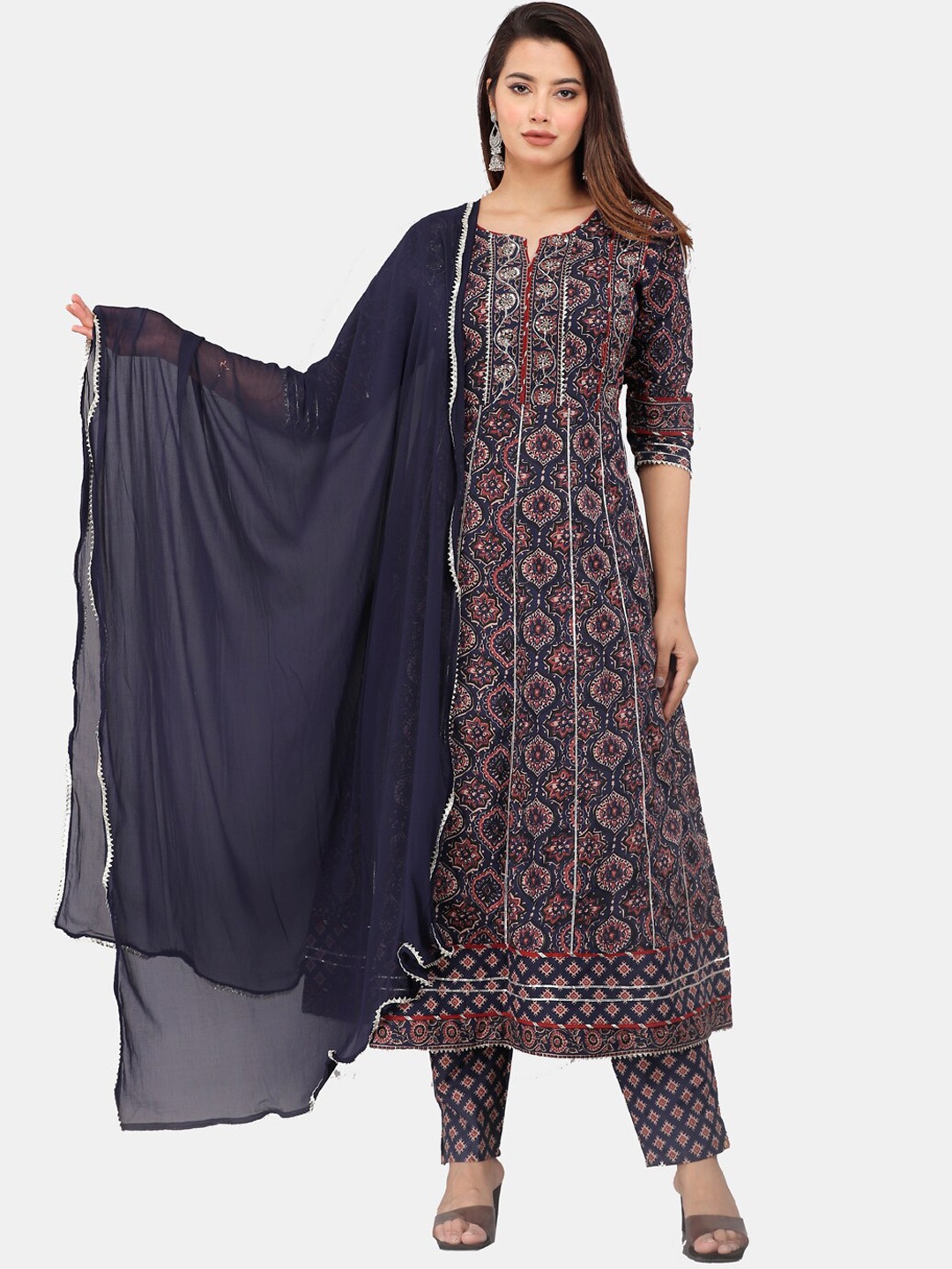 

KALINI Floral Printed Gotta Patti Anarkali Kurta with Trousers & Dupatta, Navy blue