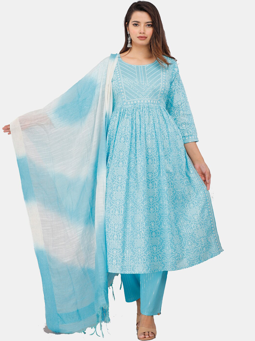 

KALINI Bandhani Printed Mirror Work Kurta with Trousers & Dupatta, Blue