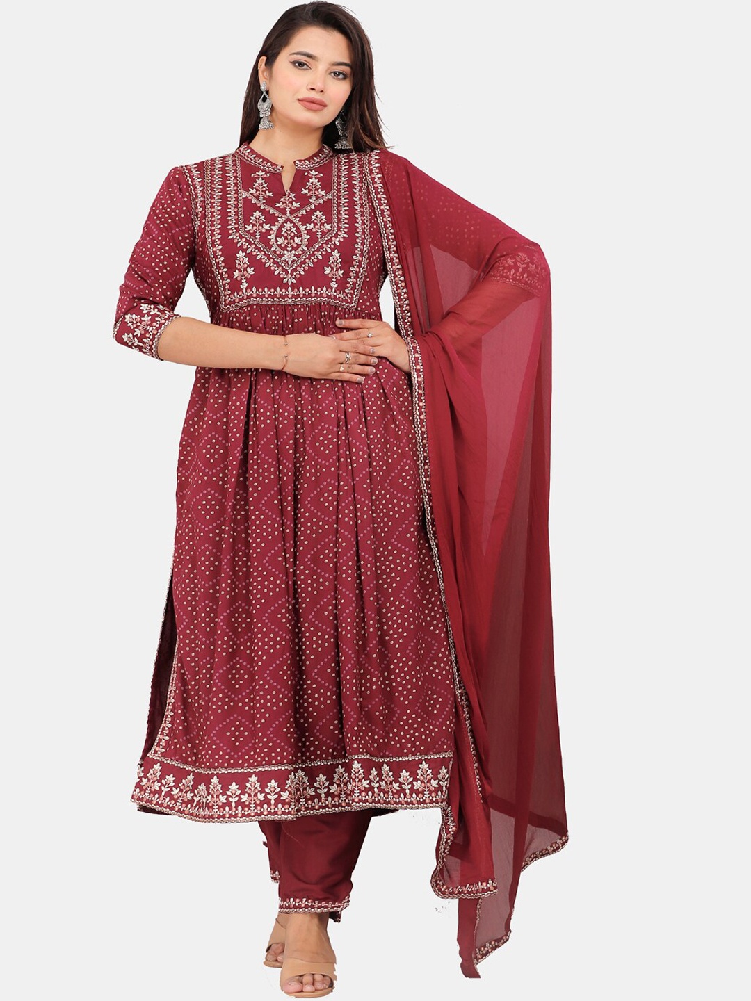 

KALINI Bandhani Printed Pleated Thread Work Kurta With Trousers & Dupatta, Maroon