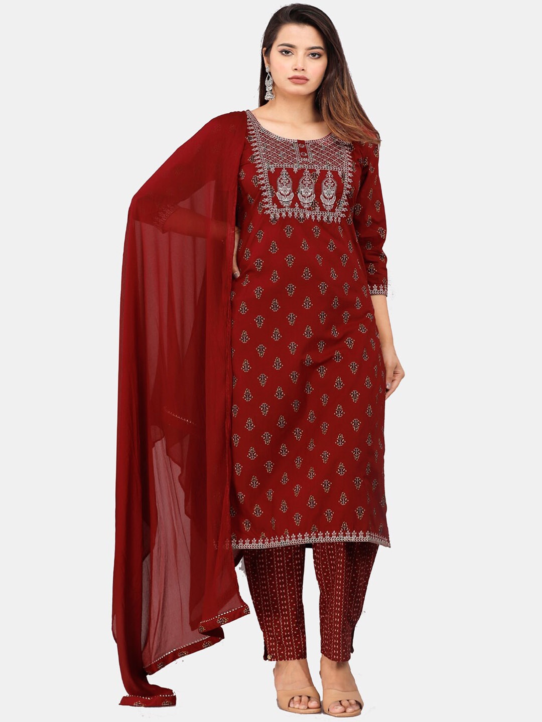 

KALINI Floral Printed Thread Work Kurta With Trousers & Dupatta, Maroon