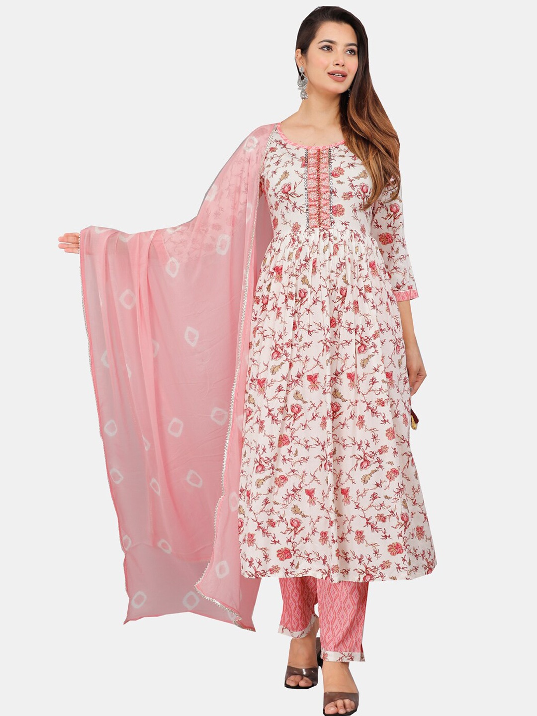 

KALINI Floral Printed Bead Work Kurta with Trousers & Dupatta, White