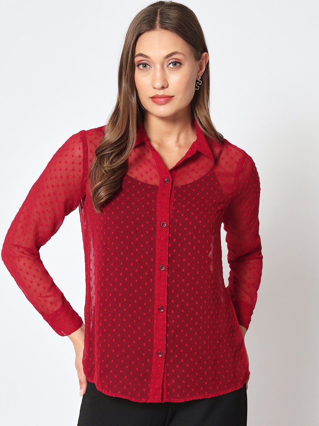 

CHARMGAL Classic Fit Slim Fit Self Design Georgette Casual Shirt, Red